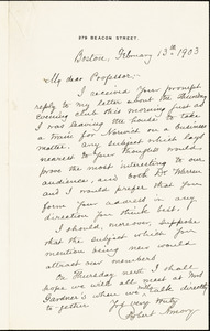 Amory, Robert, 1842-1910 autograph letter signed to Hugo Münsterberg, Boston, 13 February 1903
