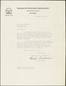 Anderson, Carl, fl.1915. typed letter signed to Hugo Münsterberg, New York, 21 January 1915