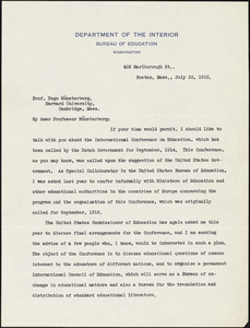 Andrews, Fannie Fern, 1867-1950 typed letter signed to Hugo Münsterberg, Boston, 22 July 1913