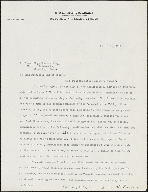 Angell, James Rowland, 1869-1949 typed letter signed to Hugo Münsterberg, Chicago, 15 December 1911