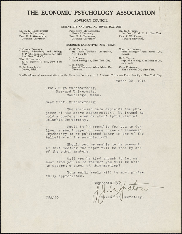 Apatow, John. J., [The Economic Psychology Association], typed letter signed to Hugo Münsterberg, Brooklyn, N.Y., 29 March 1916