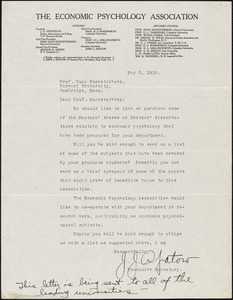 Apatow, John. J., [The Economic Psychology Association], typed letter signed to Hugo Münsterberg, Brooklyn, N.Y., 05 May 1916