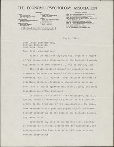Apatow, John. J., [The Economic Psychology Association], typed letter signed to Hugo Münsterberg, Brooklyn, N.Y., 08 May 1916