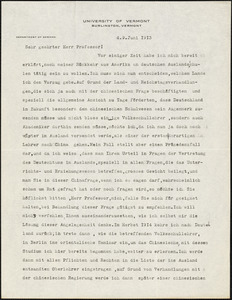 Appelmann, Anton Hermann, 1884- typed letter signed to Hugo Münsterberg, Burlington, Vt., 09 June 1913