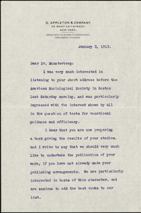 Appleton, William Worthen, 1845-1924 typed letter signed to Hugo Münsterberg, New York, 03 January 1913