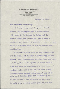 Appleton, William Worthen, 1845-1924 typed letter signed to Hugo Münsterberg, New York, 18 January 1913
