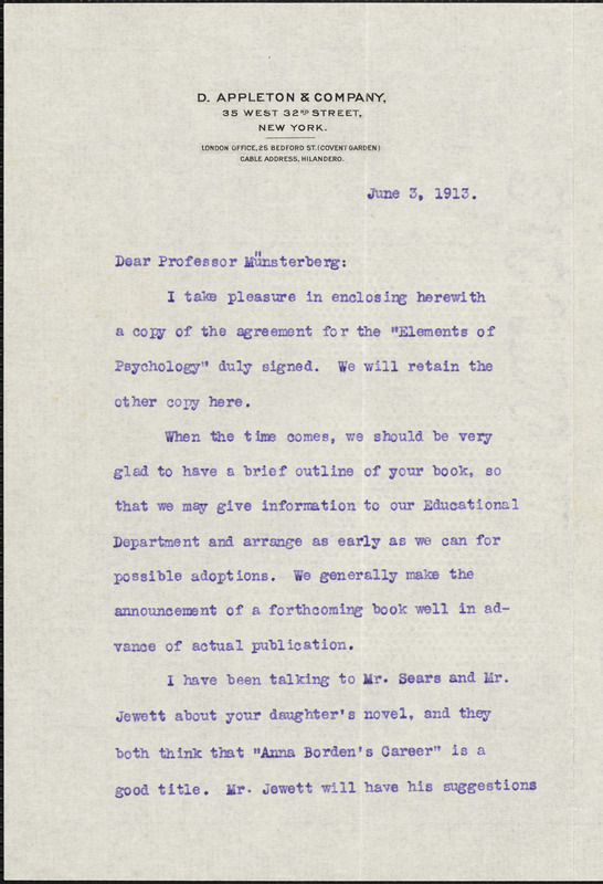 Appleton, William Worthen, 1845-1924 typed letter signed to Hugo Münsterberg, New York, 03 June 1913