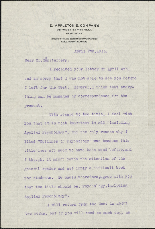 Appleton, William Worthen, 1845-1924 typed letter signed to Hugo Münsterberg, New York, 07 April 1914