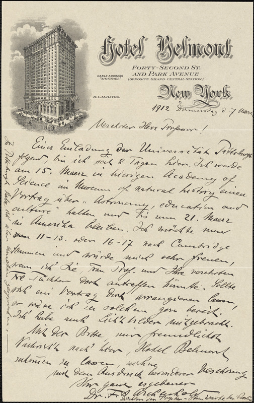 Archenhold, F. S. (Friedrich Simon) autograph letter signed to Hugo Münsterberg, New York, 07 March 1912