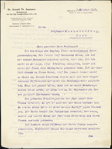 Assmann, Arnold Th., fl 1910. typed letter signed to Hugo Münsterberg, Berlin, 03 October 1910