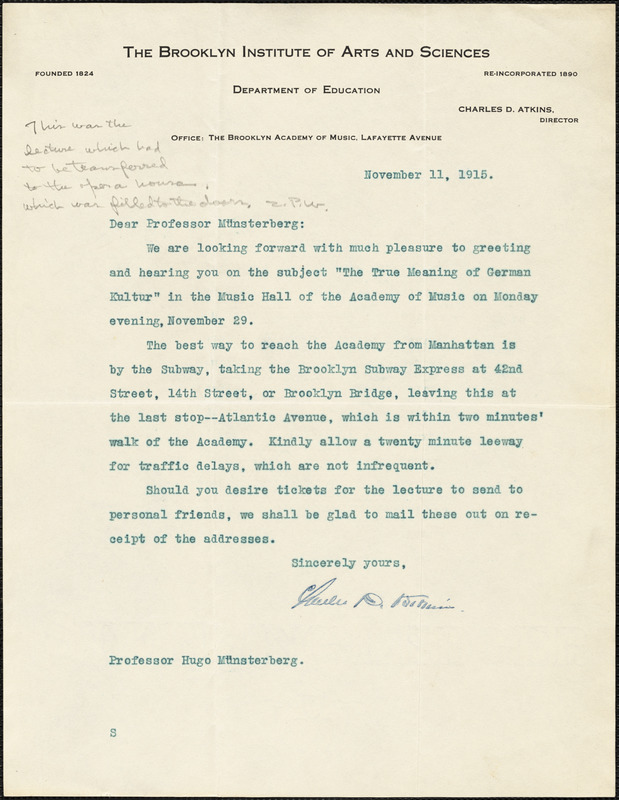 Atkins, Charles D., fl. 1915. typed letter signed to Hugo Münsterberg, Brooklyn, N.Y., 11 November 1915