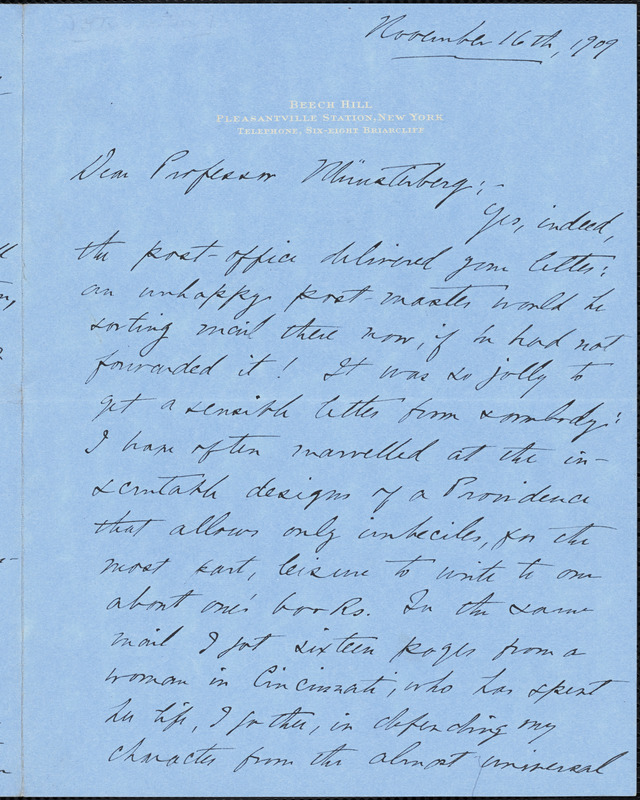 Bacon, Josephine Daskam, 1876-1961 autograph letter signed to Hugo Münsterberg, Pleasantville, N.Y., 16 November 1909