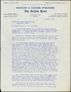 Badger, Richard G., fl.1910. typed letter signed to Hugo Münsterberg, Boston, 08 April 1910