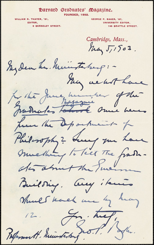 Baker, George Pierce, 1866-1935 autograph letter signed to Hugo Münsterberg, Cambridge, Mass., 05 May 1903