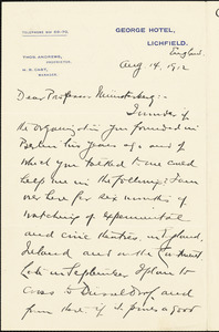 Baker, George Pierce, 1866-1935 autograph letter signed to Hugo Münsterberg, Lichfield, Eng., 14 August 1912