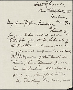 Baker, George Pierce, 1866-1935 autograph letter signed to Hugo Münsterberg, Berlin, 10 November 1912