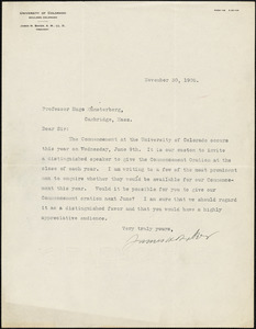 Baker, James Hutchins, 1848-1925 typed letter signed to Hugo Münsterberg, Boulder, Col., 30 November 1908
