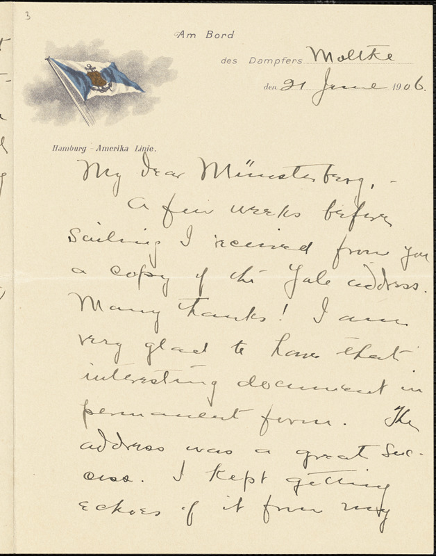 Bakewell, Charles M. (Charles Montague), 1867-1957 autograph letter signed to Hugo Münsterberg, S.S. Moltke, 21 June 1906