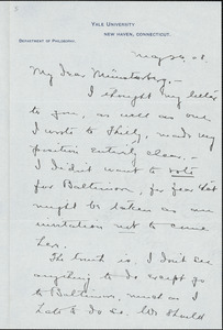 Bakewell, Charles M. (Charles Montague), 1867-1957 autograph letter signed to Hugo Münsterberg, New Haven Conn., 26 May 1908