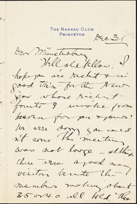 Baldwin, James Mark, 1861-1934 autograph letter signed to Hugo Münsterberg, Princeton, N.J., 31 December 1896?