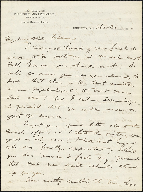 Baldwin, James Mark, 1861-1934 autograph letter signed to Hugo Münsterberg, Princeton, N.J., 30 March 1897