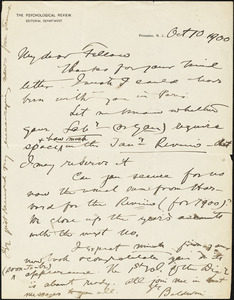 Baldwin, James Mark, 1861-1934 autograph letter signed to Hugo Münsterberg, Princeton, N.J., 10 October 1900