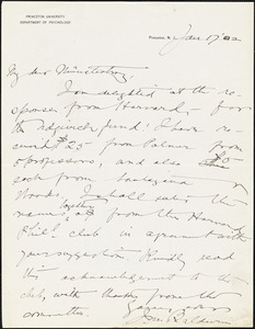Baldwin, James Mark, 1861-1934 autograph letter signed to Hugo Münsterberg, Princeton, N.J., 17 January 1902