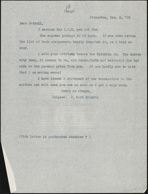 Baldwin, James Mark, 1861-1934 typed letter (copy) to J.Mc. K. Cattell, Princeton, N.J., 5 December 1903