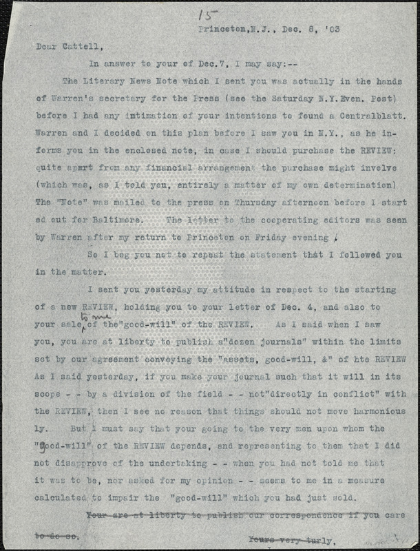 Baldwin, James Mark, 1861-1934 typed letter (copy) to J.Mc. K. Cattell, Princeton, N.J., 8 December 1903