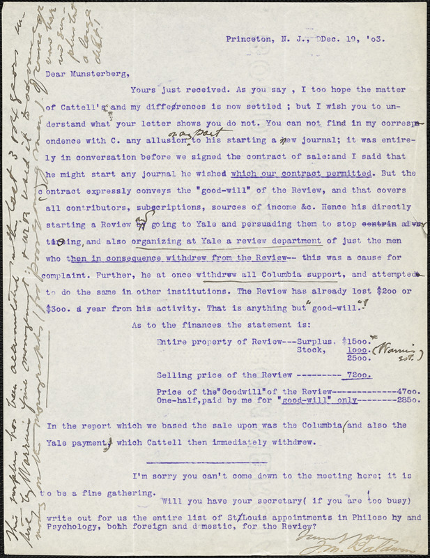 Baldwin, James Mark, 1861-1934 typed letter signed to Hugo Münsterberg, Princeton, N.J., 19 December 1903