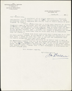 Baldwin, James Mark, 1861-1934 typed letter signed to Hugo Münsterberg, Baltimore, 15 March 1906?