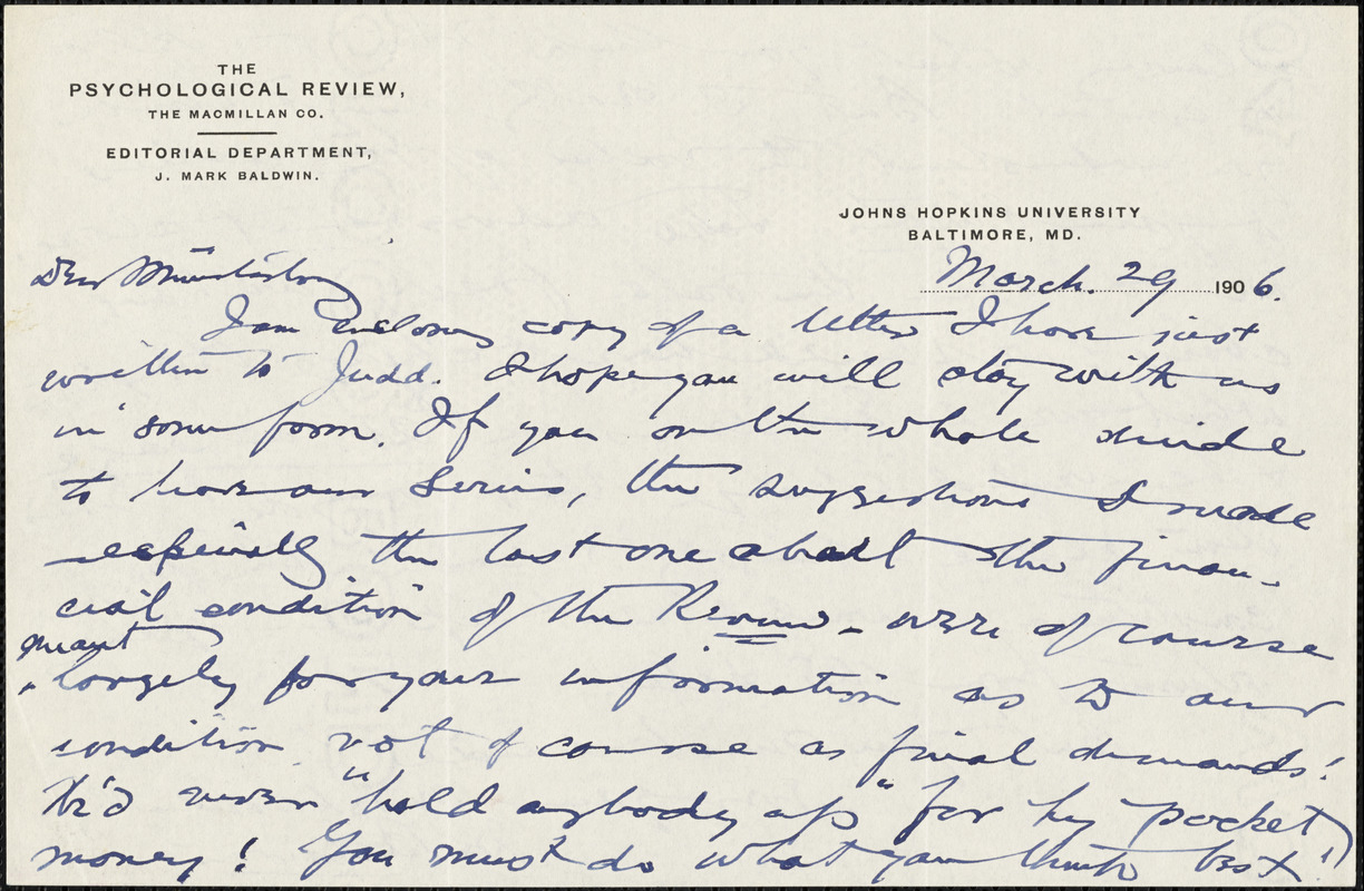 Baldwin, James Mark, 1861-1934 autograph letter signed to Hugo Münsterberg, Baltimore, 29 March 1906