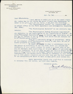 Baldwin, James Mark, 1861-1934 typed letter signed to Hugo Münsterberg, Baltimore, 03 April 1906