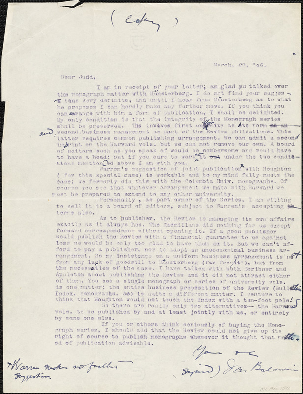 Baldwin, James Mark, 1861-1934 typed letter (copy) to Charles Judd, 29 March 1906