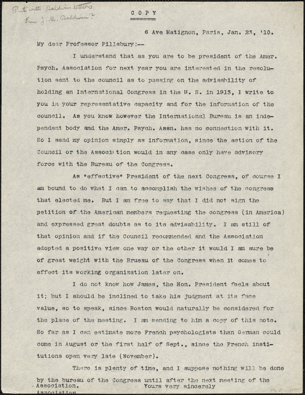 Baldwin, James Mark, 1861-1934 typed letter (copy) to Prof. Pillsbury, Paris, 23 January 1910
