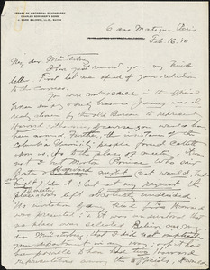 Baldwin, James Mark, 1861-1934 autograph letter signed to Hugo Münsterberg, Paris, 16 February 1910