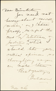 Baldwin, James Mark, 1861-1934 autograph note signed to Hugo Münsterberg, 26 November