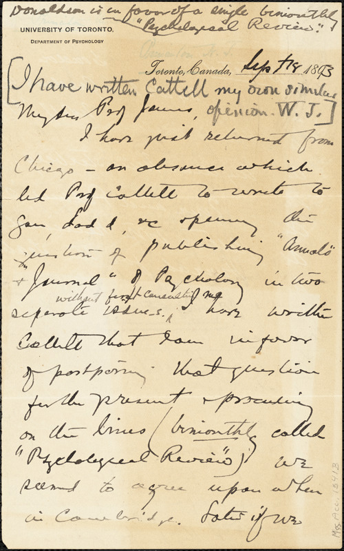 Baldwin, James Mark, 1861-1934 autograph letter signed to William James, Princeton, N.J., 18 September 1893