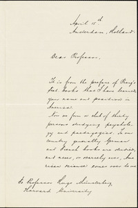 Balen, C. L. van, fl.1905 autograph letter signed to Hugo Münsterberg, Amsterdam, Hol., 15 April 1905?