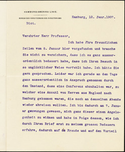 Ballin, Albert, 1857-1918 typed letter signed to Hugo Münsterberg, Hamburg, 12 January 1907