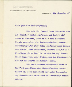 Ballin, Albert, 1857-1918 typed letter signed to Hugo Münsterberg, Hamburg, 23 December 1907
