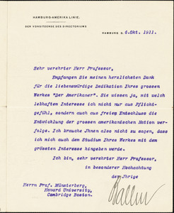 Ballin, Albert, 1857-1918 typed letter signed to Hugo Münsterberg, Hamburg, 06 October 1911