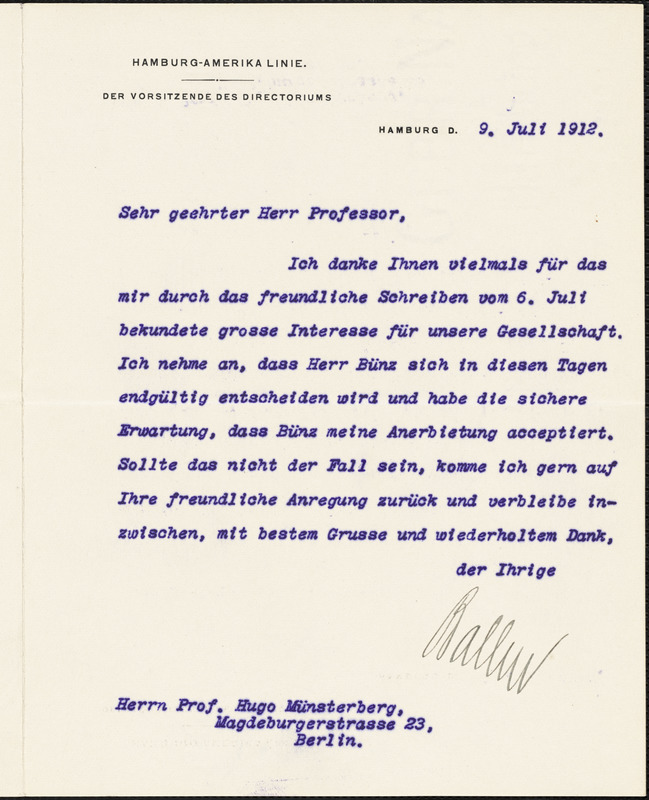 Ballin, Albert, 1857-1918 typed letter signed to Hugo Münsterberg, Hamburg, 09 July 1912