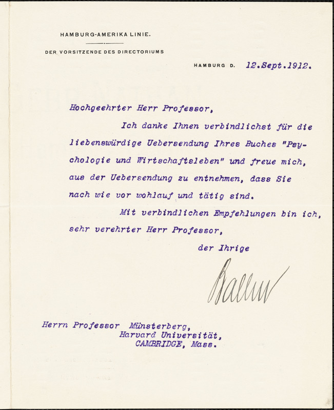 Ballin, Albert, 1857-1918 typed letter signed to Hugo Münsterberg, Hamburg, 12 September 1912