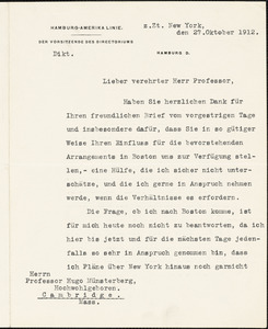 Ballin, Albert, 1857-1918 typed letter signed to Hugo Münsterberg, New York, 27 October 1912