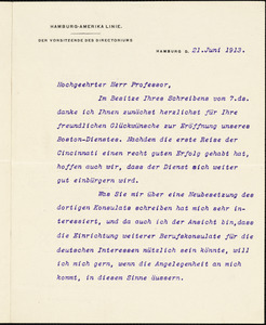 Ballin, Albert, 1857-1918 typed letter signed to Hugo Münsterberg, Hamburg, 21 June 1913