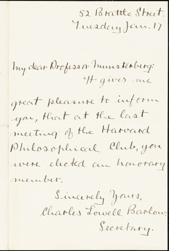 Barlow, Charles Lowell autograph note signed to Hugo Münsterberg, Cambridge, Mass.