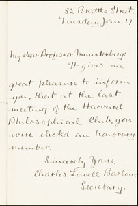 Barlow, Charles Lowell autograph note signed to Hugo Münsterberg, Cambridge, Mass.