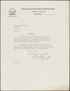 Barrett, Thomas S., fl. 1916 typed letter signed to Hugo Münsterberg, New York, 13 June 1916
