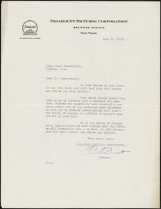 Barrett, Thomas S., fl. 1916 typed letter signed to Hugo Münsterberg, New York, 22 June 1916